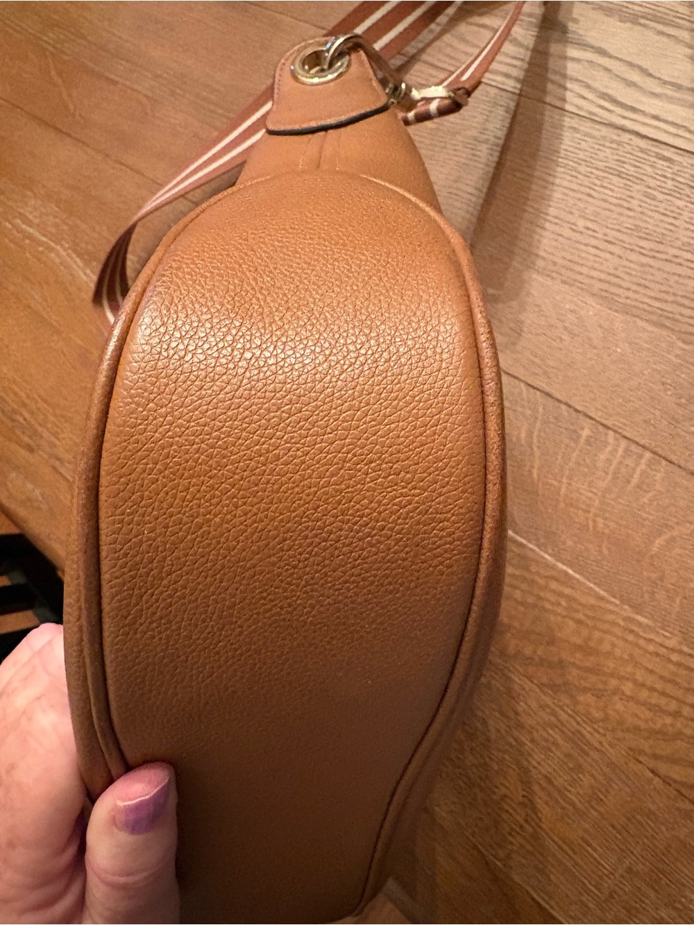 Kate Spade Tan Pebbled Leather Crossbody Bag with long adjustable striped strap - Picture 5 of 11
